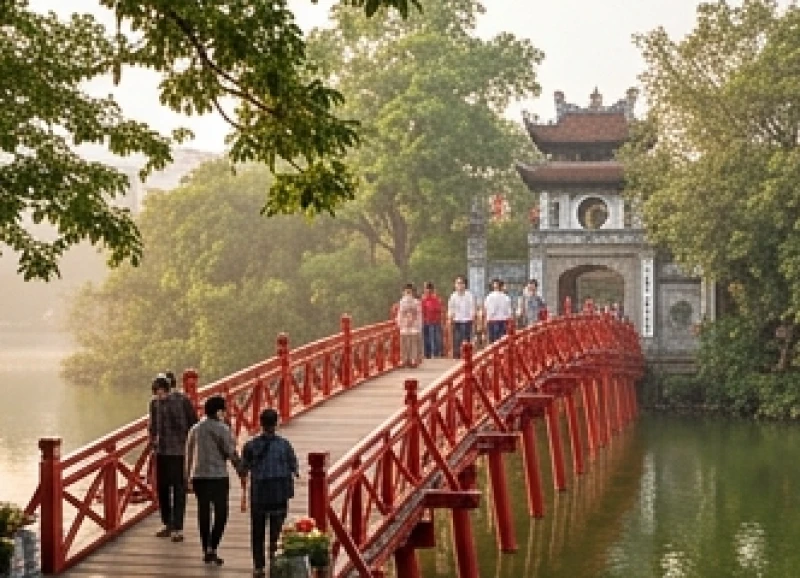 Văn khấn Đền Ngọc Sơn: Bài khấn các ban và quy trình đi lễ chuẩn 1 Cầu Thê Húc màu đỏ rực rỡ dẫn vào Đền Ngọc Sơn giữa mặt hồ Hoàn Kiếm tĩnh lặng