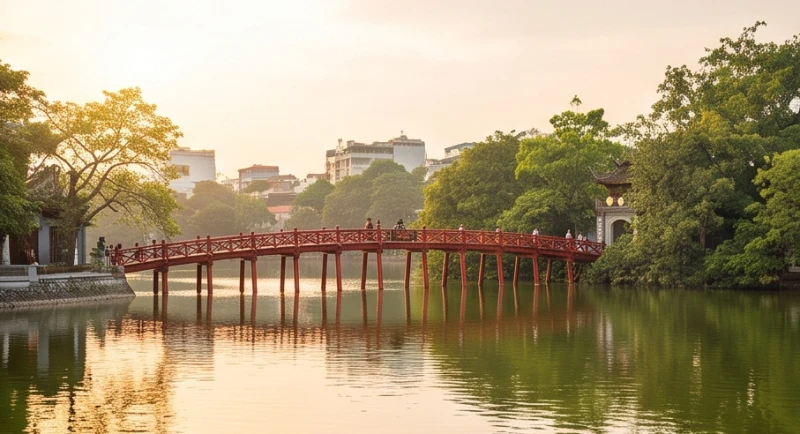 Văn khấn Đức Thánh Trần tại Đền Ngọc Sơn: Bài khấn & cách sắm lễ 4 Khung cảnh cầu Thê Húc đỏ rực dẫn vào Đền Ngọc Sơn nằm tĩnh lặng trên mặt hồ Tả Vọng