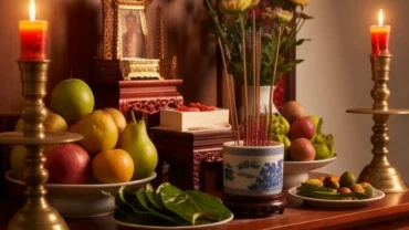 Mâm lễ cúng gia tiên tươm tất được bày biện trang nghiêm trước khi gia chủ áp dụng cấu trúc một bài văn khấn