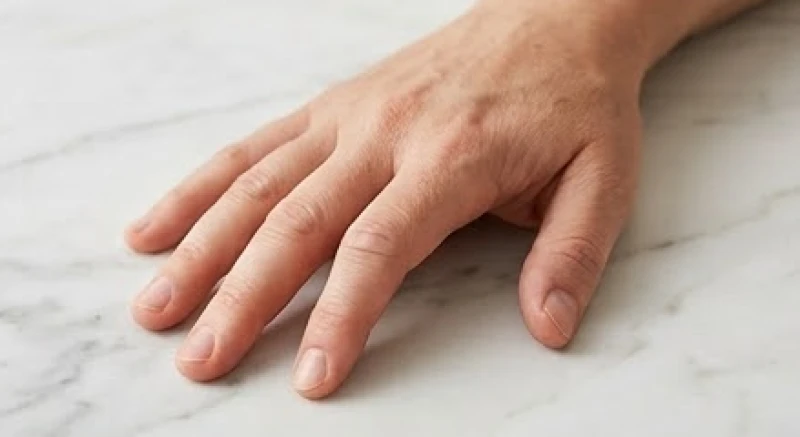 Bàn tay úp trên mặt phẳng cho thấy rõ cấu trúc ngón trỏ cong lệch về phía ngón giữa
