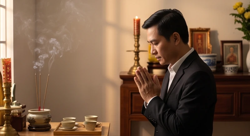 Người đại diện gia đình đang chắp tay thành kính đọc văn khấn cúng cơm hàng ngày