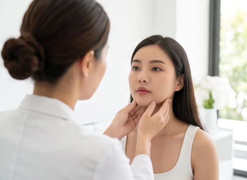 Bác sĩ thẩm mỹ đang tư vấn và đánh giá cấu trúc vùng tướng hai cằm cho khách hàng nữ