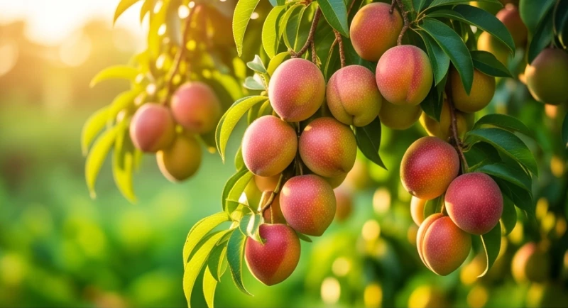 Những chùm trái cây chín mọng nước vươn mình trên cành lá xanh tươi tượng trưng cho sự thịnh vượng