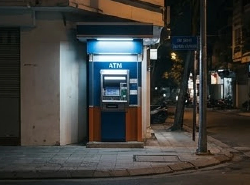 Góc phố tĩnh lặng với cây ATM phát sáng tượng trưng cho nhu cầu tài chính linh hoạt và nhanh chóng