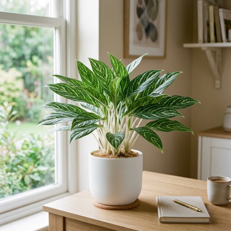 Cây để bàn hợp tuổi Sửu: Đối chiếu ngũ hành và hướng đặt 6 Chậu cây bạch mã hoàng tử nổi bật với phần cuống lá và gân màu trắng tinh khôi đặt cạnh máy tính
