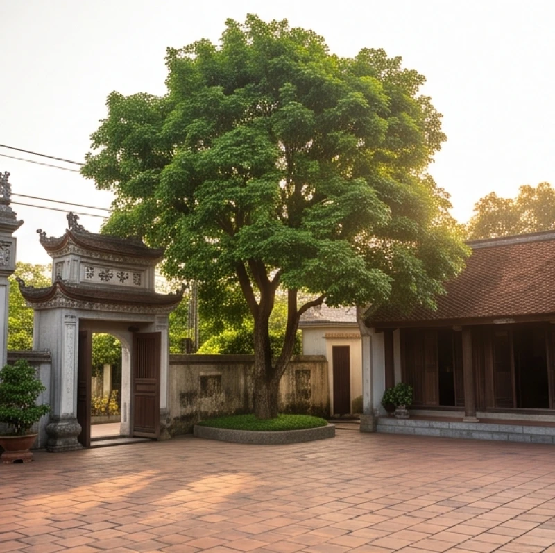 Cây trồng ngoài sân hợp tuổi Thìn: Cây bóng mát và tọa độ 1 Các loại cây bóng mát thân gỗ được trồng lùi sâu và lệch sang hai bên cổng để chừa không gian thoáng đãng