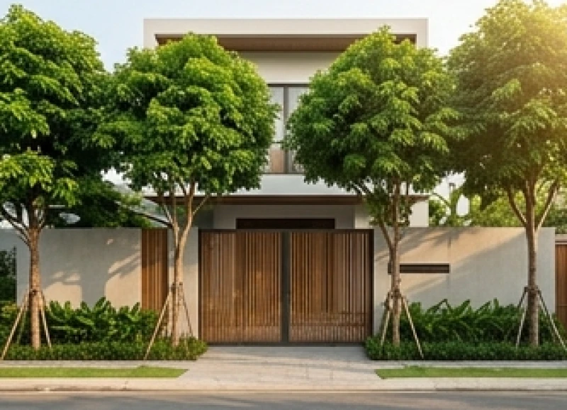 Ất Dậu 2005 Hợp Hướng Nào: Bảng Tra Nam Nữ & Cách Bố Trí Chuẩn 4 Hàng cây tán tròn xanh mướt trồng trước cổng nhà hướng Tây để cản bớt sát khí