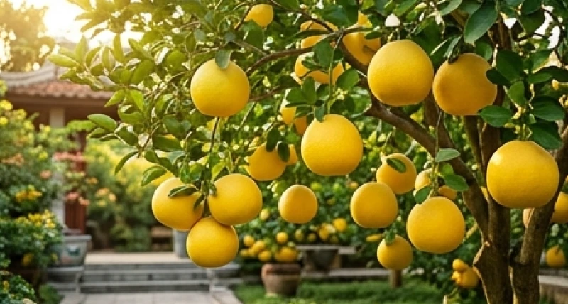 Cây bưởi sai trĩu những quả to tròn vàng ươm trong khu vườn quê khẳng định chu kỳ may mắn tài lộc