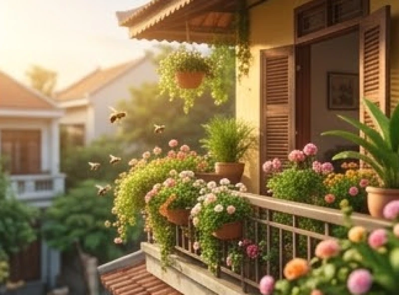 Ban công ngập tràn cây xanh và hoa nở rực rỡ thu hút những đàn ong đến kiếm mật tự nhiên