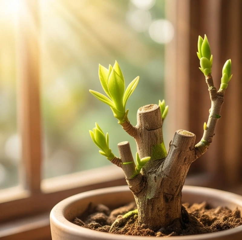 Chậu cây cảnh trong nhà bất ngờ đâm chồi nảy lộc xanh non mơn mởn dưới ánh nắng