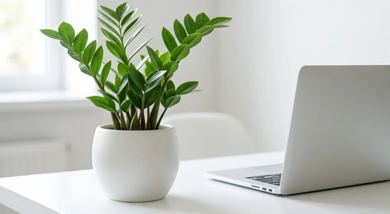 Chậu cây Kim Tiền xanh tốt và khỏe mạnh được đặt cạnh máy tính xách tay
