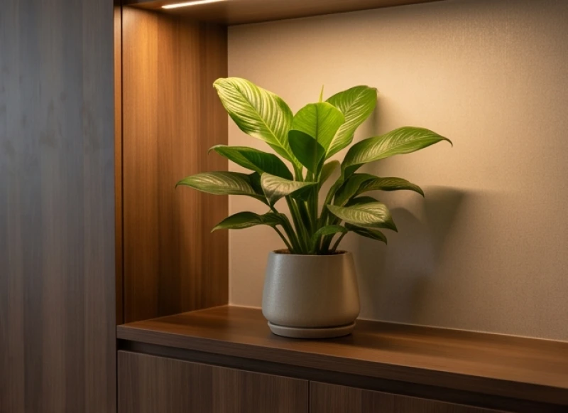 Cây Trồng Trong Nhà Hợp Tuổi Mão: Chọn Cây Râm Mát & Lịch Tưới 2 Chậu cây cảnh nội thất khoe sắc xanh mướt dưới ánh đèn huỳnh quang trong phòng
