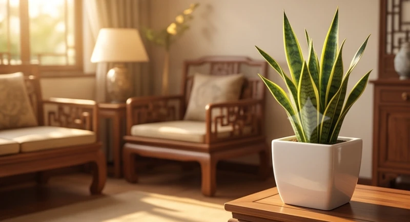 Chậu cây cảnh phong thủy thanh lọc không khí được đặt khéo léo tại góc vượng khí trong phòng khách