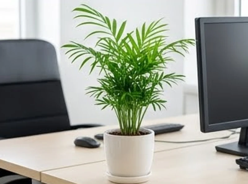 Chậu cau tiểu trâm nhỏ nhắn tươi tốt đặt ngay cạnh màn hình máy tính trên bàn làm việc