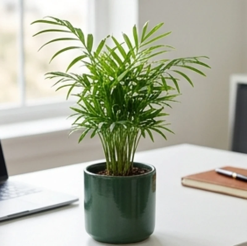 Cây để bàn hợp tuổi Mão: Chọn cây mini chuẩn mệnh và góc đặt 8 Chậu cây cau tiểu trâm có hình dáng như cây dừa thu nhỏ, lá vươn thẳng mạnh mẽ trong văn phòng.