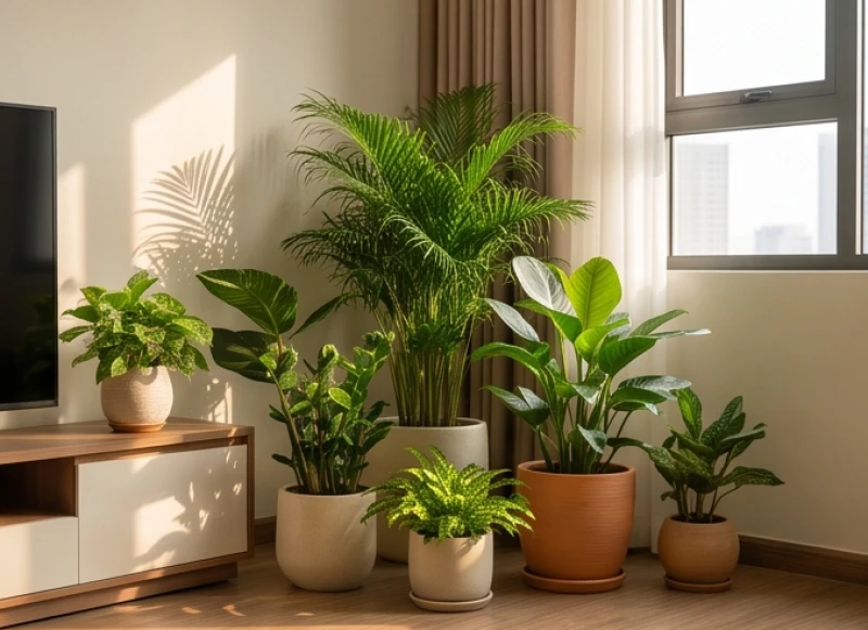 Cây Trồng Trong Nhà Hợp Tuổi Mão: Chọn Cây Râm Mát & Lịch Tưới 1 Góc phòng khách được trang trí bằng các chậu cây cảnh chịu bóng râm tươi tốt