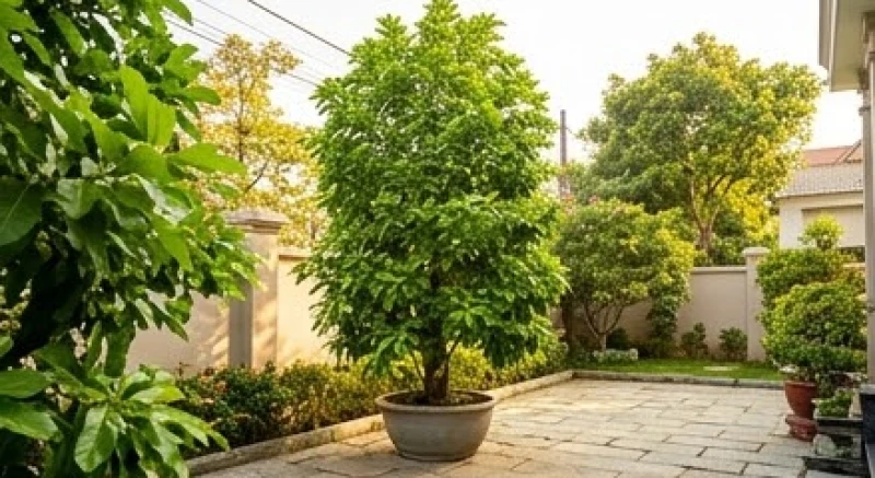 Chậu cây lộc vừng vươn cao với tán lá xanh dày được đặt cẩn thận ở góc sân đá ngập tràn ánh nắng