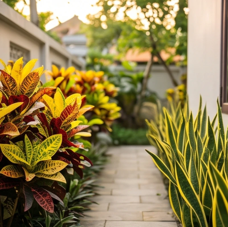 Cây trồng ngoài sân hợp tuổi Thìn: Cây bóng mát và tọa độ 4 Hàng cây bụi cô tòng lá đốm và lưỡi hổ viền vàng được trồng men theo lối đi dẫn vào cửa chính ngôi nhà