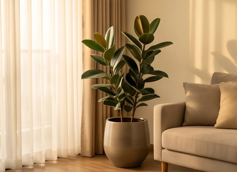 Cây Trồng Trong Nhà Hợp Tuổi Mão: Chọn Cây Râm Mát & Lịch Tưới 8 Chậu đa búp đỏ dáng cao đặt uy nghi tại góc phòng khách cạnh chiếc ghế sofa