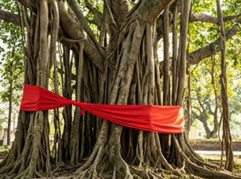 Gốc cây đa cổ thụ với nhiều rễ phụ cắm sâu xuống đất, được trải dải lụa đỏ trang nghiêm