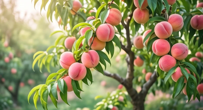 Một cây đào tiên trĩu quả hồng rực rỡ vươn mình khỏe mạnh trong không gian vườn bình yên