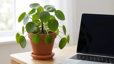 Chậu cây để bàn hợp tuổi thân xanh tốt đặt cạnh máy tính trong không gian làm việc hiện đại
