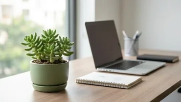 Chậu cây phong thủy nhỏ xinh đặt trên bàn làm việc hiện đại, minh họa hoàn hảo cho cây để bàn hợp tuổi tuất