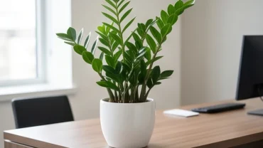 Chậu cây Kim Tiền xanh tốt đặt trên bàn làm việc đại diện cho cây để bàn hợp tuổi tý mang lại tài lộc