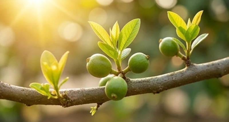 Những chùm lộc non và quả nhỏ đang đơm hoa kết trái trên cành lấp lánh dưới ánh nắng rực rỡ
