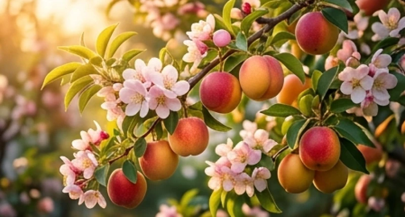 Cành cây sum suê vừa khoe sắc nụ hoa vừa trĩu nặng những quả chín mọng ngọt ngào