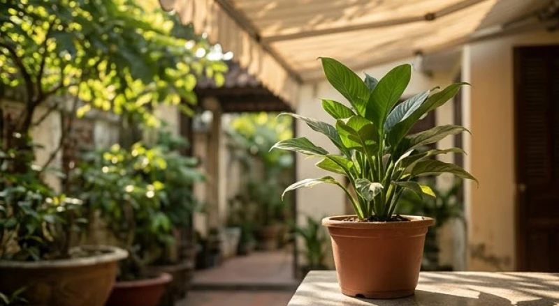 Chậu cây giống mới mua đang được đặt dưới bóng râm bán phần bên hiên nhà để quen dần với nhiệt độ