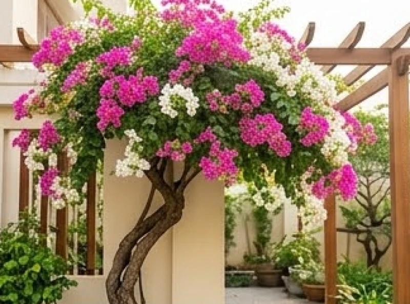 Chậu hoa giấy rực rỡ với thân gỗ cứng cáp trồng trước hiên nhà ngập nắng rực rỡ