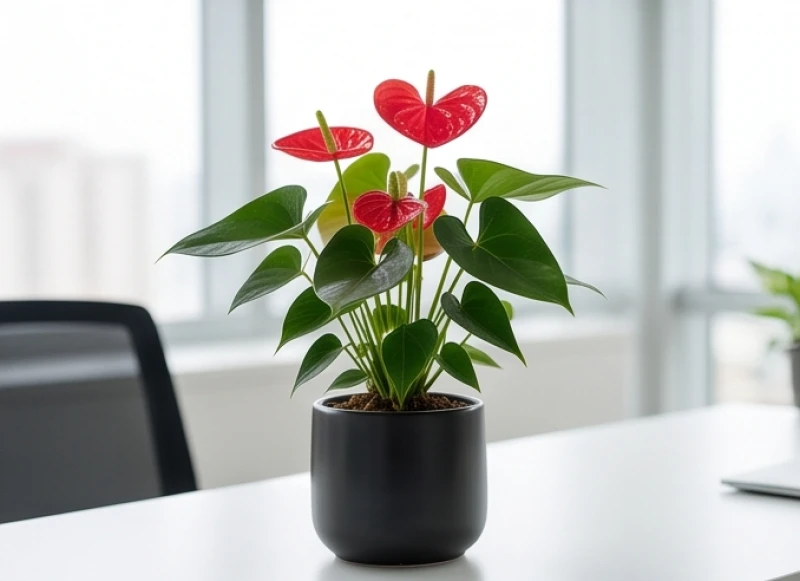 Chậu cây Hồng Môn nhỏ nở những đóa hoa hình trái tim màu đỏ tươi tắn đầy sức sống