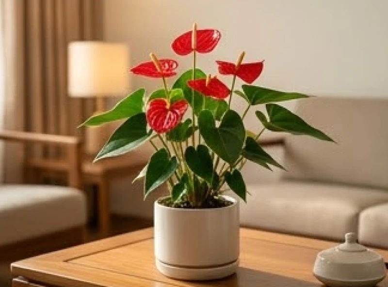 Chậu cây Hồng Môn đỏ rực rỡ khoe sắc trên bàn trà nhỏ đặc biệt tương sinh với người mang mệnh Hỏa và Thổ
