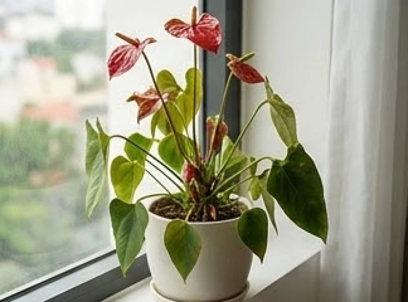 Cây héo lá đột ngột là điềm gì: Giải mã phong thủy và cách sơ cứu 5 Chậu cây hồng môn với những bông hoa đỏ úa màu và lá rũ xuống cạnh cửa sổ