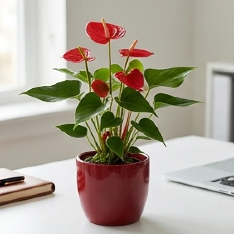 Cây để bàn hợp tuổi Mão: Chọn cây mini chuẩn mệnh và góc đặt 4 Chậu cây hồng môn mini với hoa màu đỏ tươi rực rỡ, thích hợp cho người mệnh Hỏa sinh năm Đinh Mão.