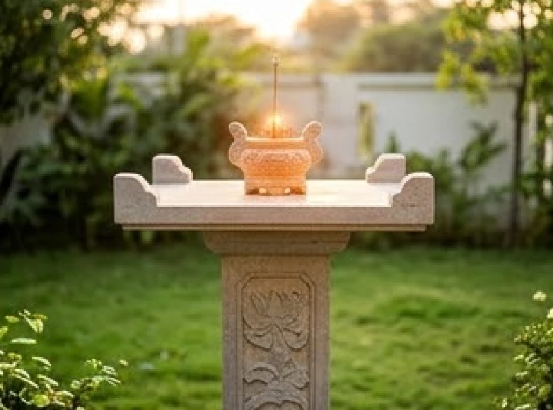 Bàn thờ lửng lơ với cây hương bằng đá vững chãi được đặt ngoài trời mang ý nghĩa kết nối đất trời