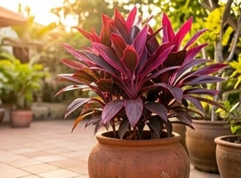 Chậu huyết dụ cỡ lớn với những phiến lá đỏ tía nổi bật được trồng trong chậu đất nung mộc mạc