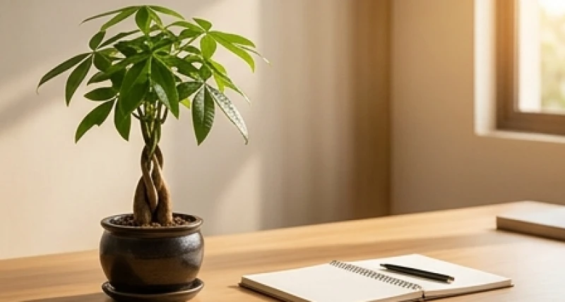 Chậu cây Kim ngân bằng gốm sứ sẫm màu đặt ở góc trái bàn làm việc đón luồng sinh khí cho nữ mạng