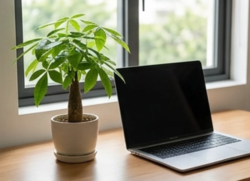 Chậu cây kim ngân nhỏ xinh tươi tốt được đặt gọn gàng bên cạnh máy tính xách tay