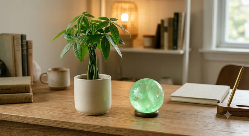 Chậu cây Kim Ngân và quả cầu thạch anh xanh trên bàn học giúp thu hút cát khí