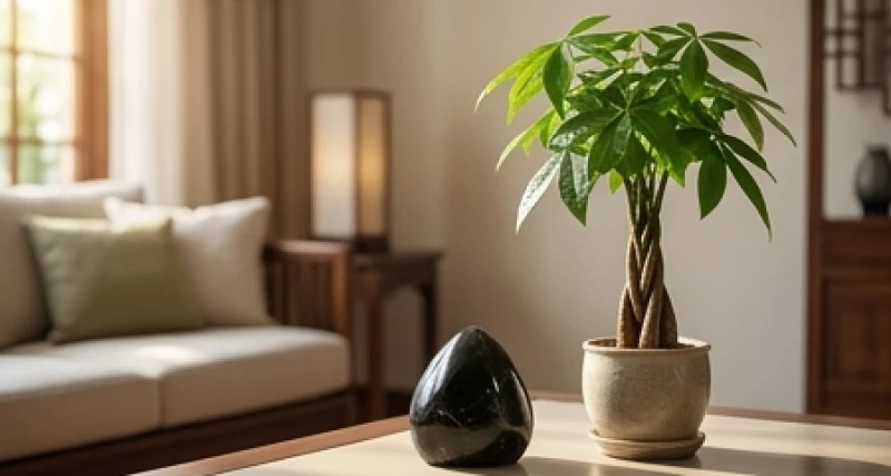 Chậu cây Kim Ngân xanh tốt đặt cạnh bức tượng đá thạch anh đen trên bàn phòng khách
