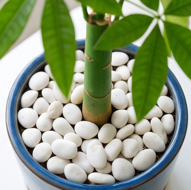 Lớp sỏi trang trí màu trắng được rải kín bề mặt đất trong chậu cây kim ngân giúp cân bằng ngũ hành