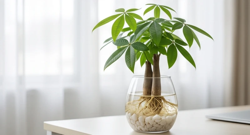 Rễ kim ngân phát triển khỏe mạnh trong bình thủy tinh rải sỏi trắng, giúp cân bằng năng lượng cho người tuổi Quý Hợi