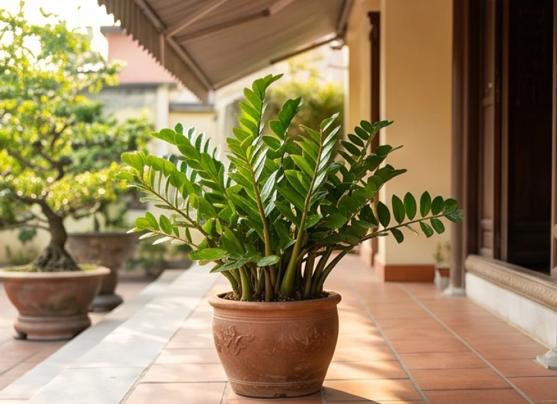 Cây trồng ngoài sân hợp tuổi Tỵ: chịu nắng gió và hướng đặt 5 Chậu cây kim tiền lá xanh bóng trồng trong bồn đất nung màu đỏ gạch đặt ở hành lang dưới mái che