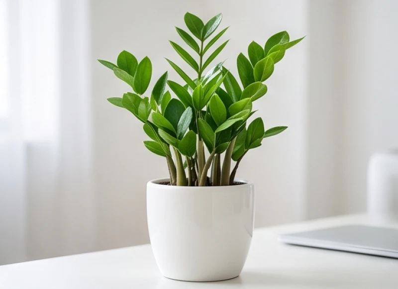 Chậu cây Kim Tiền vươn cao mạnh mẽ với lớp lá xanh bóng bẩy trồng trong chậu sứ màu trắng bóng