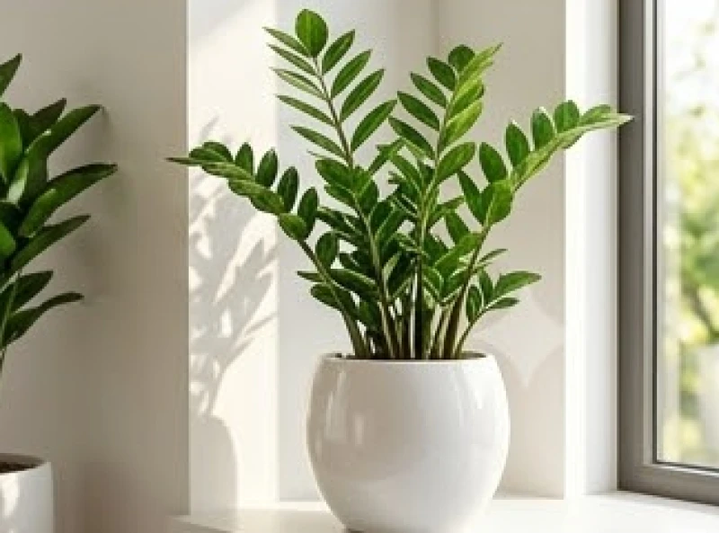 Chậu cây Kim Tiền xanh mướt được trồng trong bình gốm sứ màu trắng đặt tại bệ cửa sổ phòng khách