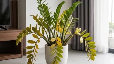 Chậu cây kim tiền có biểu hiện héo lá vàng úa trong phòng khách khiến nhiều người thắc mắc cây kim tiền chết là điềm gì