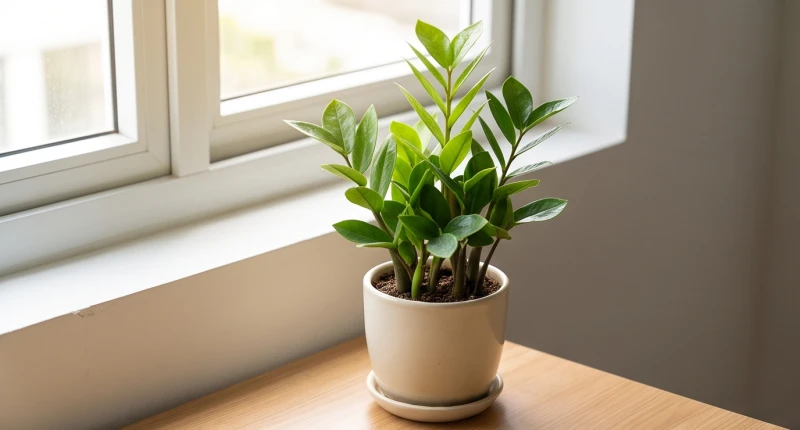 Chậu cây Kim Tiền nhỏ xinh xắn được đặt ngay ngắn góc phải bàn học tràn ngập ánh sáng