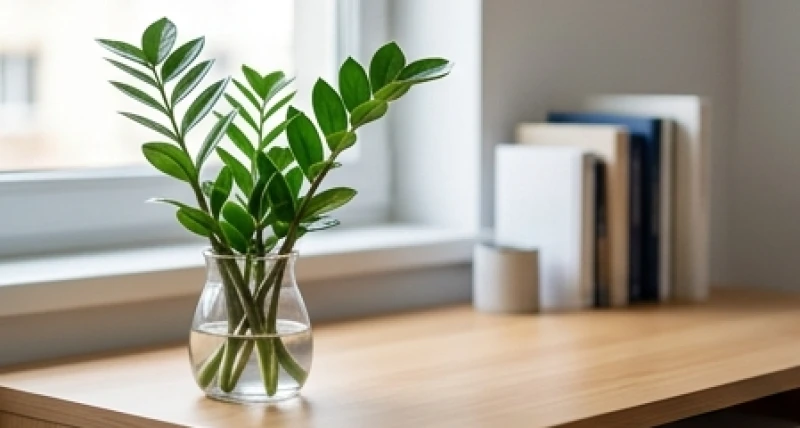Chậu cây kim tiền thủy sinh nhỏ nhắn được đặt gọn gàng ở góc trái bàn học bằng gỗ tự nhiên
